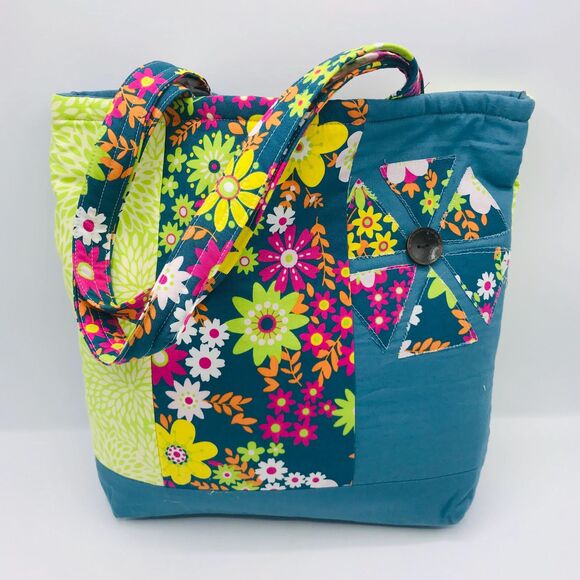 Basic Lizbet Library Market Tote Bag,Teal Yellow Florals 12x13.5x3" With Pockets - Picture 2 of 5